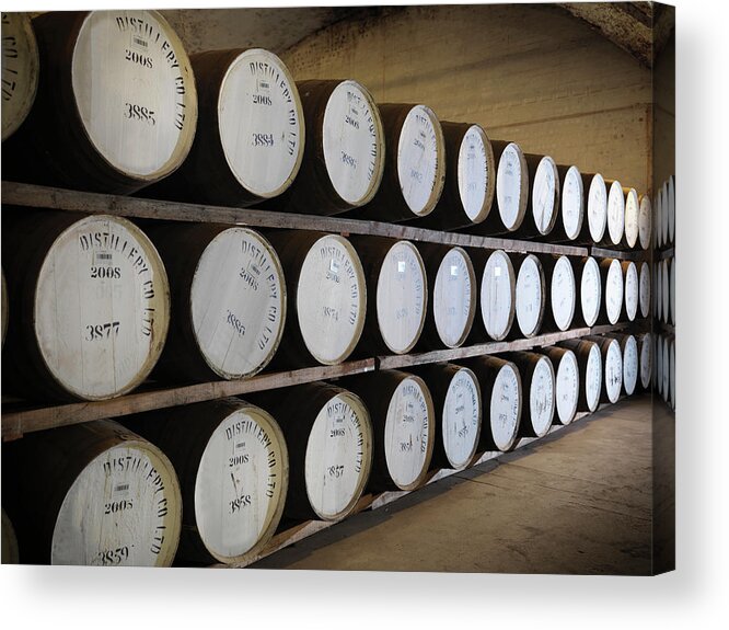 Aging Process Acrylic Print featuring the photograph Ageing Whisky Barrels In Distillery by Monty Rakusen