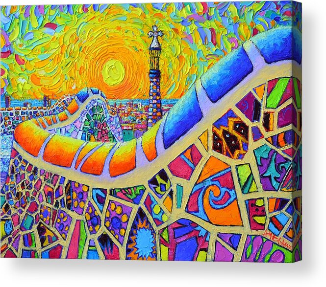 Barcelona Acrylic Print featuring the painting BARCELONA SUNRISE PARK GUELL textural impressionist impasto knife oil painting by Ana Maria Edulescu by Ana Maria Edulescu