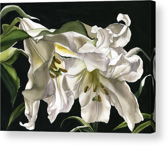 White Flower Acrylic Print featuring the painting Black And White With Green by Alfred Ng
