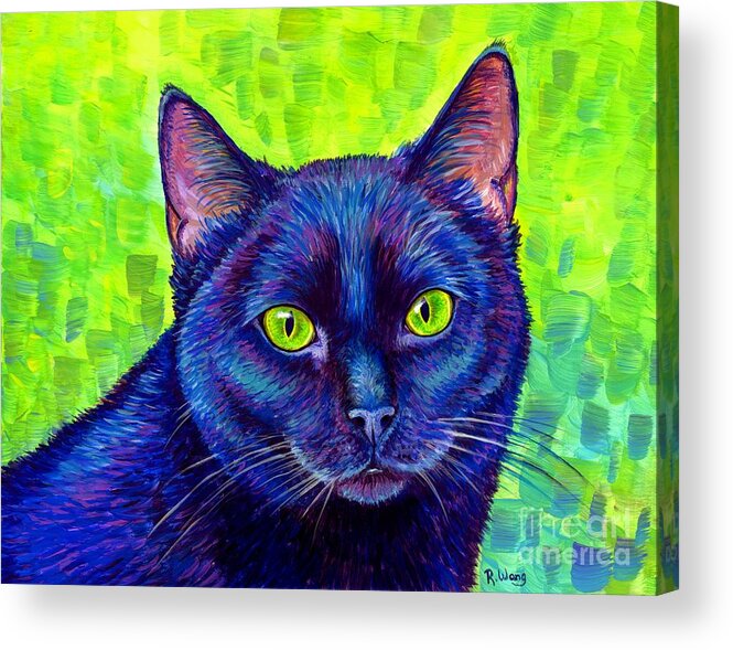 Cat Acrylic Print featuring the painting Black Cat with Chartreuse Eyes by Rebecca Wang
