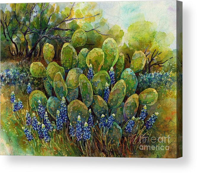 Cactus Acrylic Print featuring the painting Bluebonnets and Cactus 2 by Hailey E Herrera