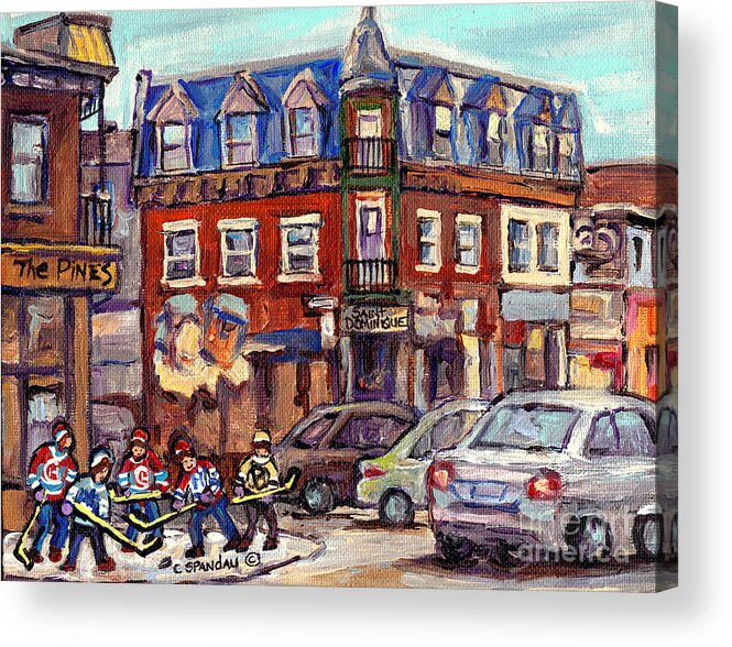 Montreal Acrylic Print featuring the painting Boys Of St Dominique And Pine Avenue Hockey Art Montreal Plateau Winter Scenes C Spandau Quebec by Carole Spandau