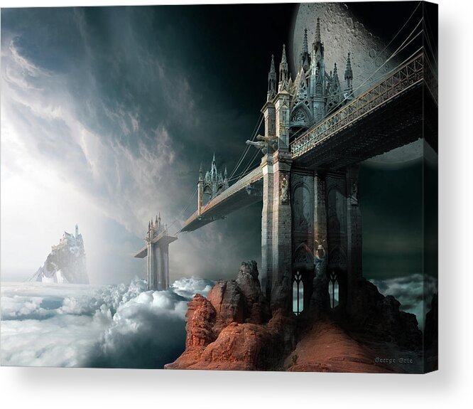 Sky Clouds Rainbow Bridge Haven Gothic Architecture Broken Island Moon Acrylic Print featuring the digital art Bridges to the Neverland by George Grie