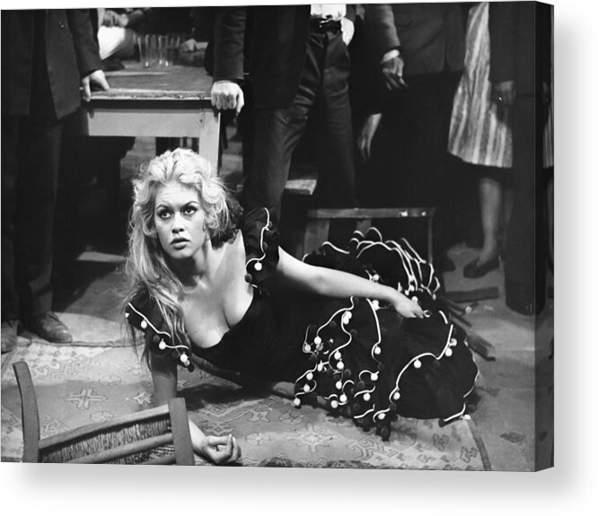 Brigitte Bardot Acrylic Print featuring the photograph Brigitte Bardot: Sultry Expression Lying On Floor by Globe Photos