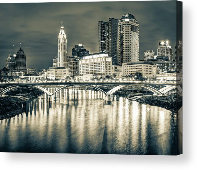 America Acrylic Print featuring the photograph Buckeye State Skyline - Ohio Sepia Cityscape by Gregory Ballos