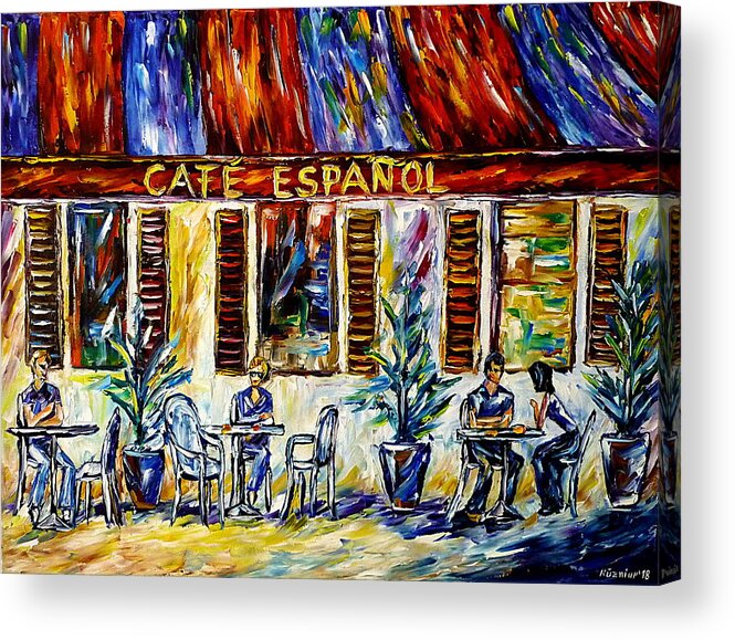 Sitting Outdoors Acrylic Print featuring the painting Cafe Espanol by Mirek Kuzniar