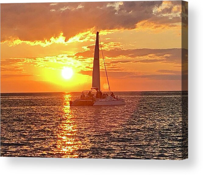 Beach Acrylic Print featuring the photograph Catamaran Sailing Past Sunset in Captiva Island Florida 2019 by Shelly Tschupp