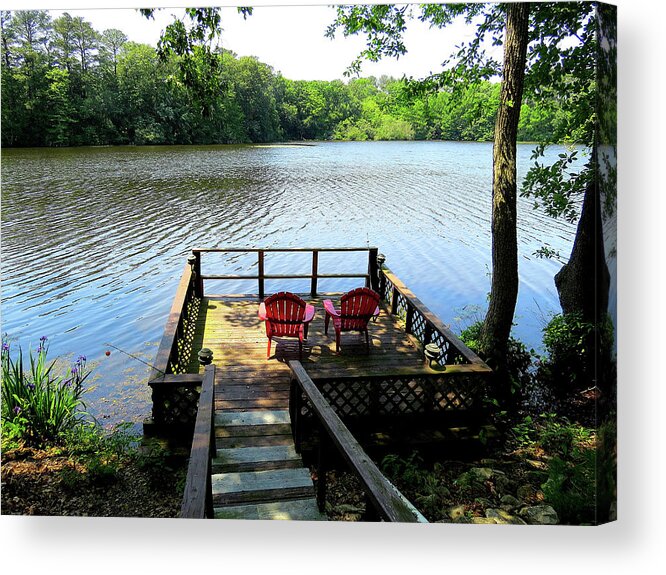 Deck Acrylic Print featuring the photograph Deck with Red Chairs and Fishing Poles on a Delaware Lake by Linda Stern