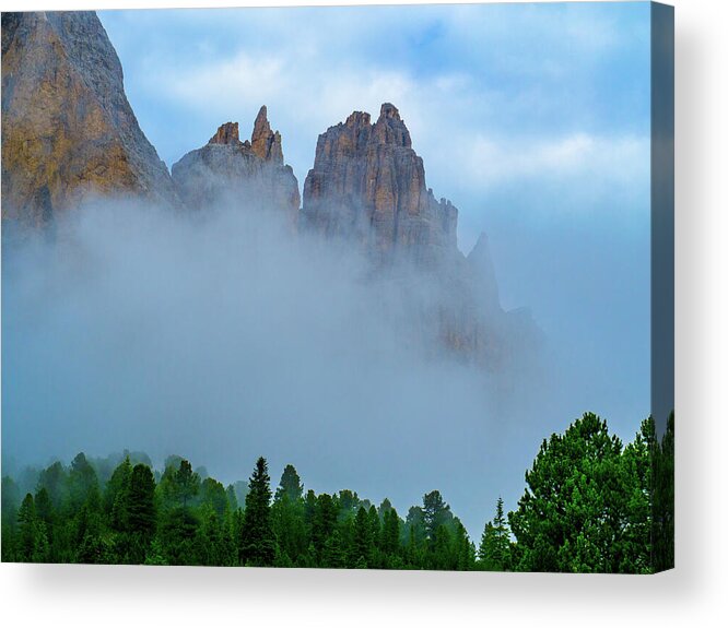Mountains Acrylic Print featuring the photograph Dolomite Spires in the morning mist by Leslie Struxness