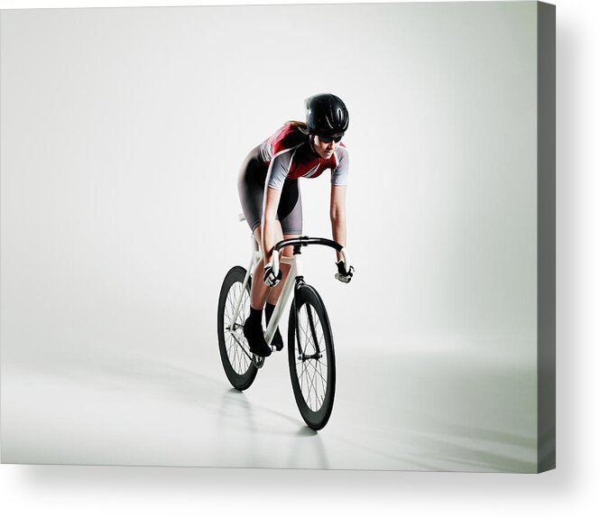 People Acrylic Print featuring the photograph Female Cyclist Riding Track Bike by Thomas Barwick