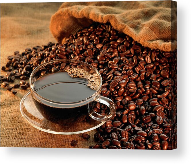 Breakfast Acrylic Print featuring the photograph Glass Coffee Cup With Beans On Warm by Jonathansloane