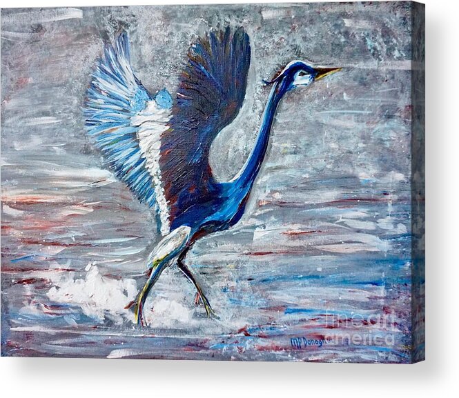 Great Blue Heron Acrylic Print featuring the painting Great Blue Heron -Taking Flight from Water by Patty Donoghue