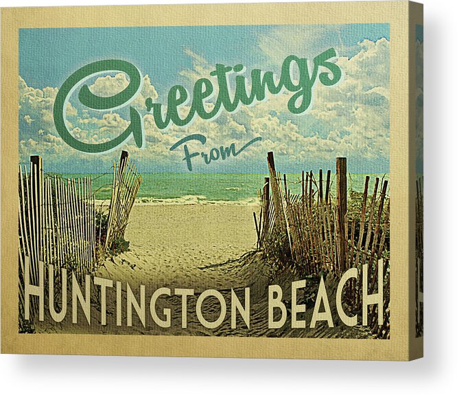 Huntington Beach Acrylic Print featuring the digital art Greetings From Huntington Beach by Flo Karp