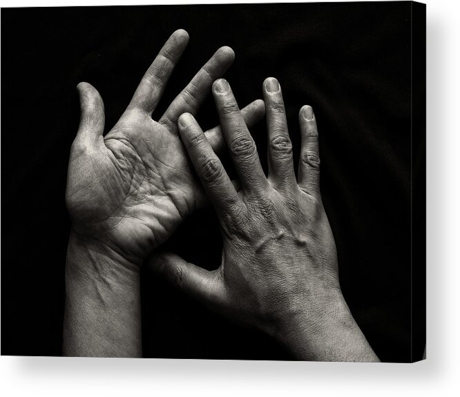 People Acrylic Print featuring the photograph Hands On Black Background by Luigi Masella
