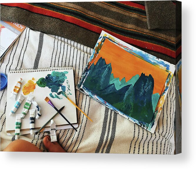 Paintings Acrylic Print featuring the photograph High Angle View Of Paintings With Paint Tubes And Paintbrushes On Bed In Motor Home by Cavan Images