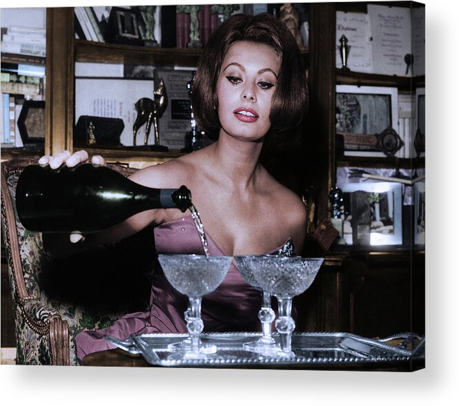 Sophia Loren Acrylic Print featuring the photograph Italian Actress Sophia Loren Pouring Champagne by Globe Photos