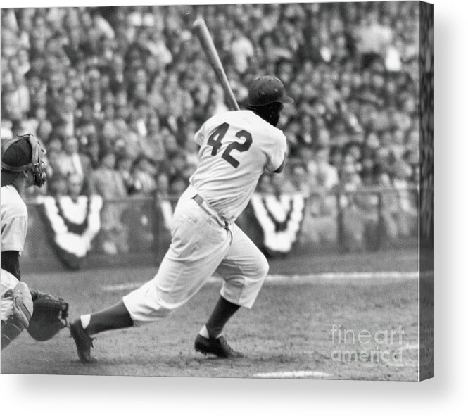 Sports Helmet Acrylic Print featuring the photograph Jackie Robinson At Bat by Robert Riger