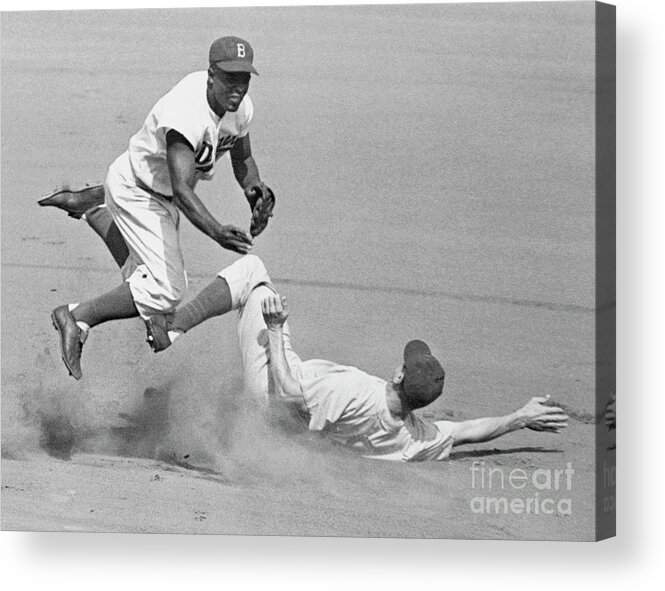 St. Louis Cardinals Acrylic Print featuring the photograph Jackie Robinson Trying For Double Play by Bettmann