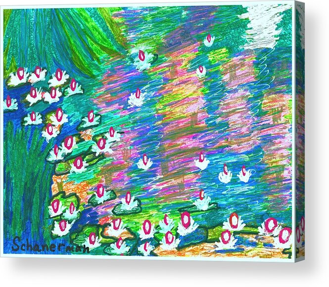 Original Drawing/painting Acrylic Print featuring the drawing Lilies Of The Pond by Susan Schanerman