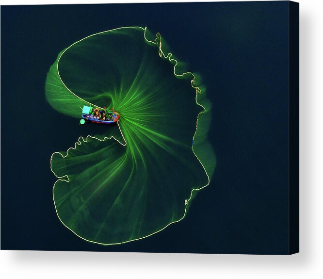 Fisherman Acrylic Print featuring the photograph Lotus Leaf On The Sea by Nguyen Tan Tuan