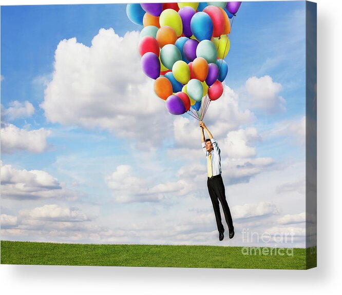 Fly Acrylic Print featuring the photograph Man Holding Helium Balloons by Conceptual Images/science Photo Library