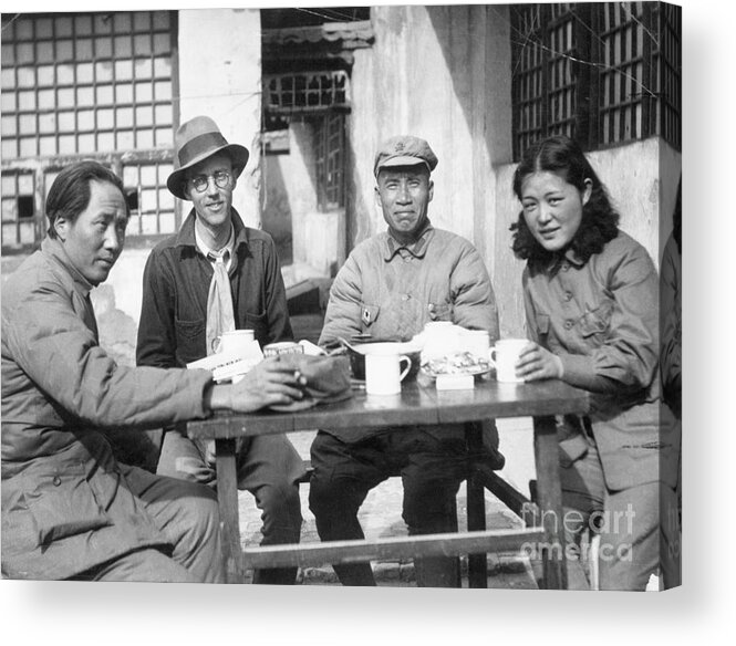 Zhu De Acrylic Print featuring the photograph Mao Tse Tung, Wife, Others Seated At Tab by Bettmann