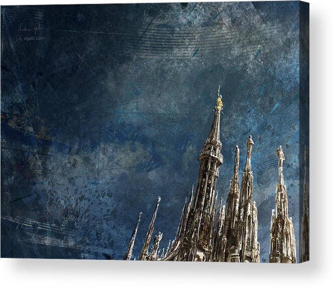 Italy Acrylic Print featuring the digital art Milan Cathedral Spires dark by Andrea Gatti