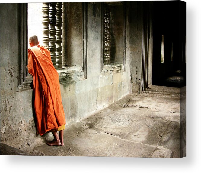 Hinduism Acrylic Print featuring the photograph Monk In Orange Robe Looking Out Window by Lore