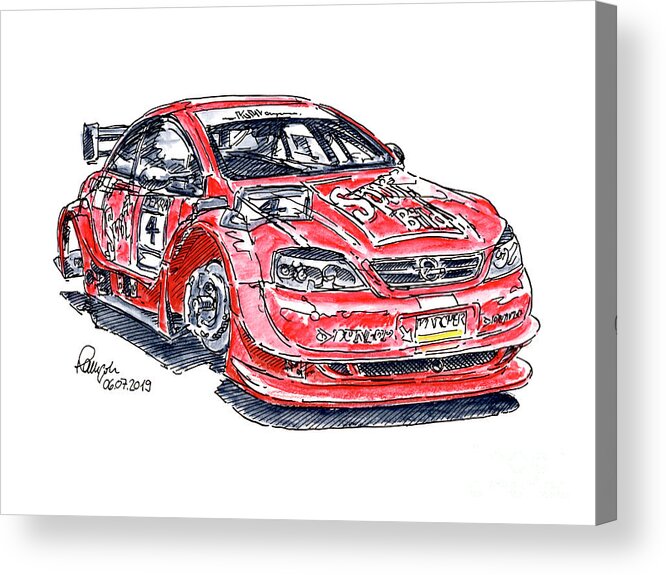 Opel Acrylic Print featuring the drawing Opel Astra Sport Bild DTM Racecar Ink Drawing and Watercolor by Frank Ramspott