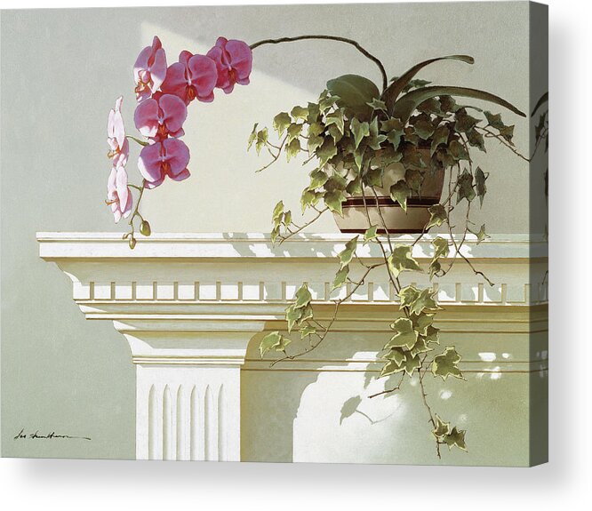 A Pink Orchid Sitting On The Mantle. Acrylic Print featuring the painting Orchid On Mantle by Zhen-huan Lu
