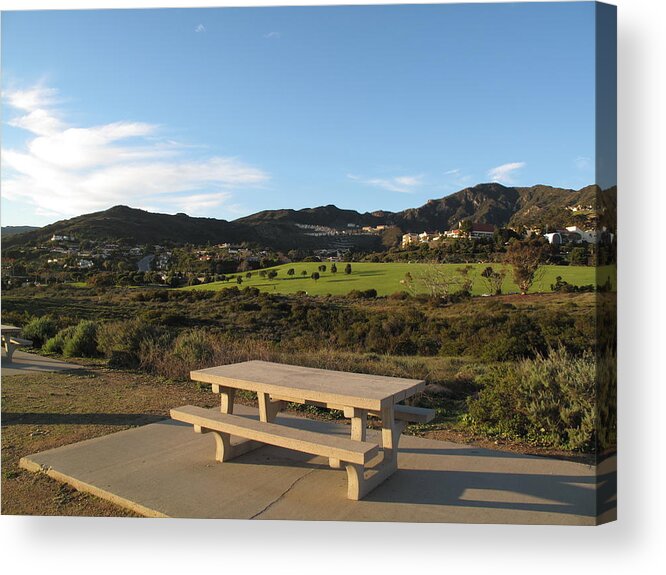Tranquility Acrylic Print featuring the photograph Park Bench In Malibu by Marianna Sulic
