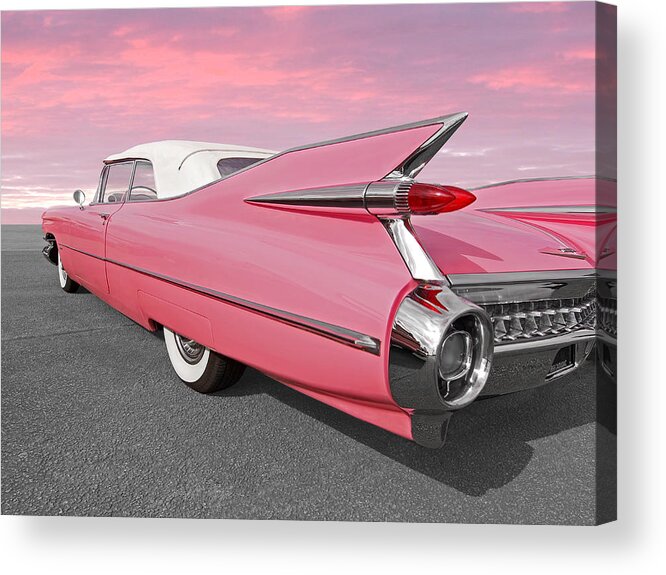 Cadillac Acrylic Print featuring the photograph Pink Cadillac Tail Fins At Sunset by Gill Billington
