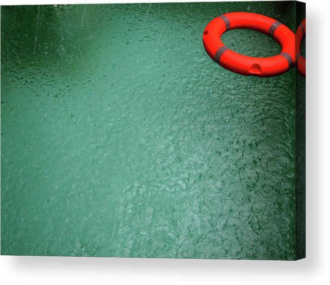Tranquility Acrylic Print featuring the photograph Rain Falling On Pool With Lifebuoy by Virginia Star