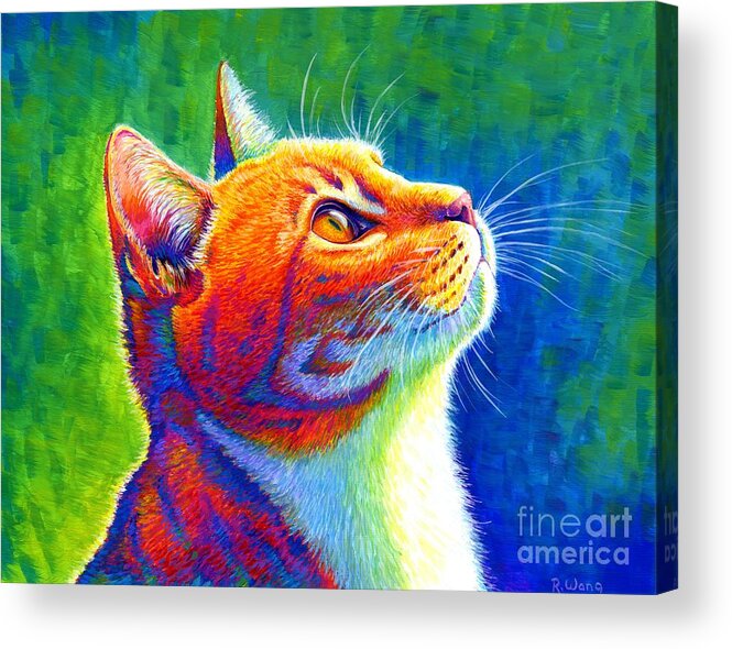 Cat Acrylic Print featuring the painting Anticipation - Psychedelic Rainbow Tabby Cat by Rebecca Wang