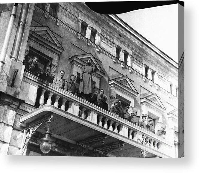 People Acrylic Print featuring the photograph Russian Revolutionists Stand On Balcony by Bettmann