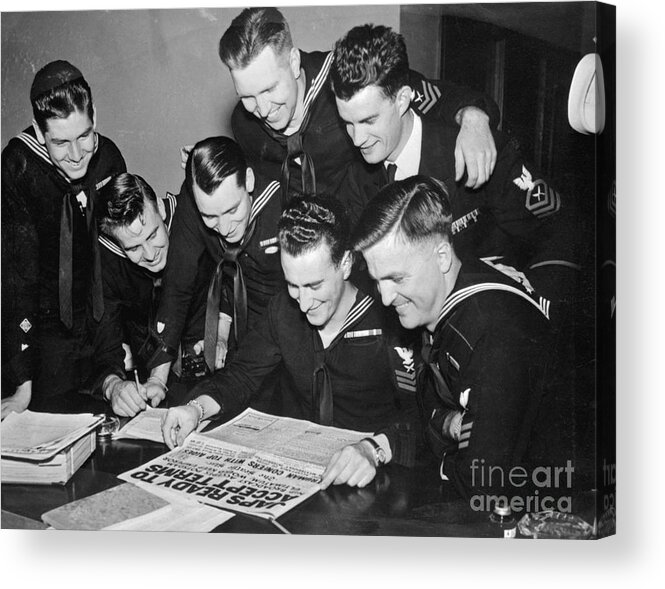 People Acrylic Print featuring the photograph Sailors Reading About Japanese Surrender by Bettmann