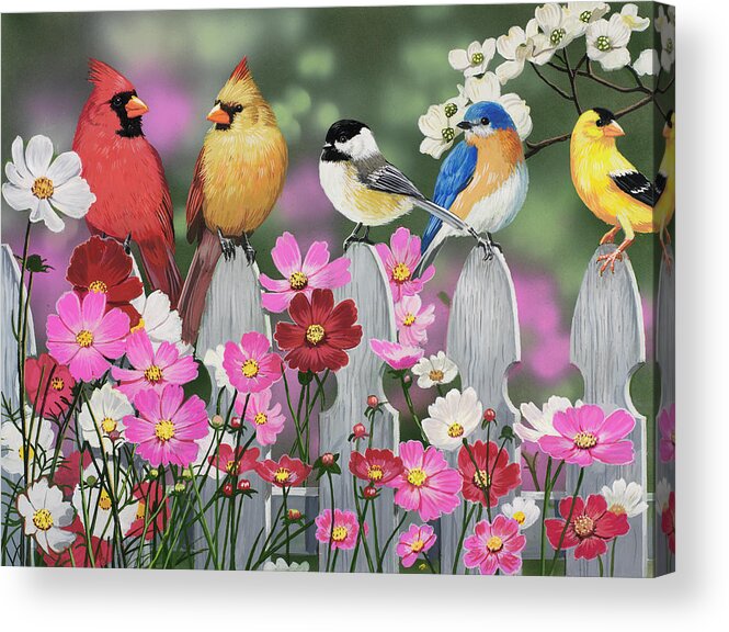 Birds Acrylic Print featuring the painting Song Birds And Cosmos by William Vanderdasson