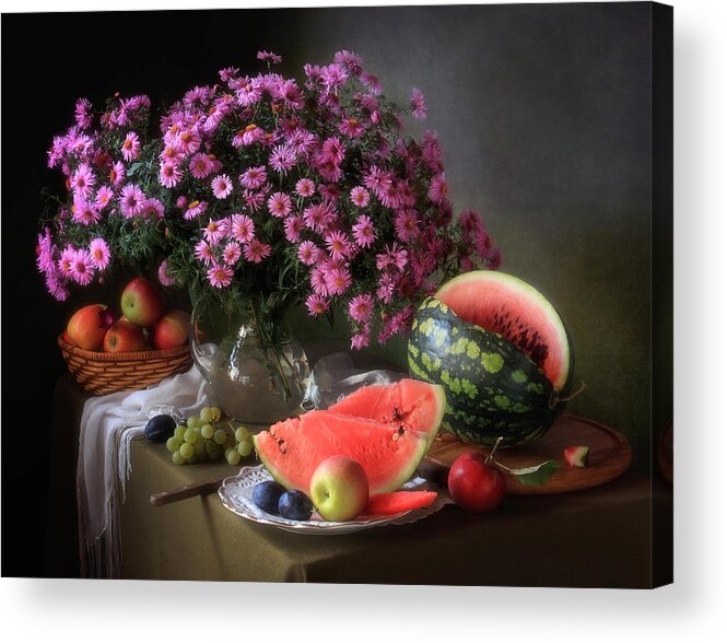 Water Melon Acrylic Print featuring the photograph Still Life With Flowers And Fruit by ??????? ????????