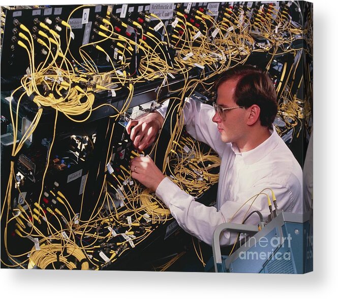 Optical Computer Acrylic Print featuring the photograph Technician With Bit-serial Optical Computer by David Parker/science Photo Library