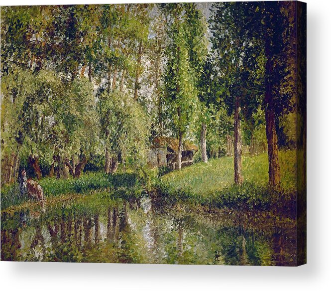 Camille Pissarro Acrylic Print featuring the painting The Wash-house at Bazincourt - 1900 - 65,5x81 cm - oil on canvas. by Camille Pissarro -1830-1903-