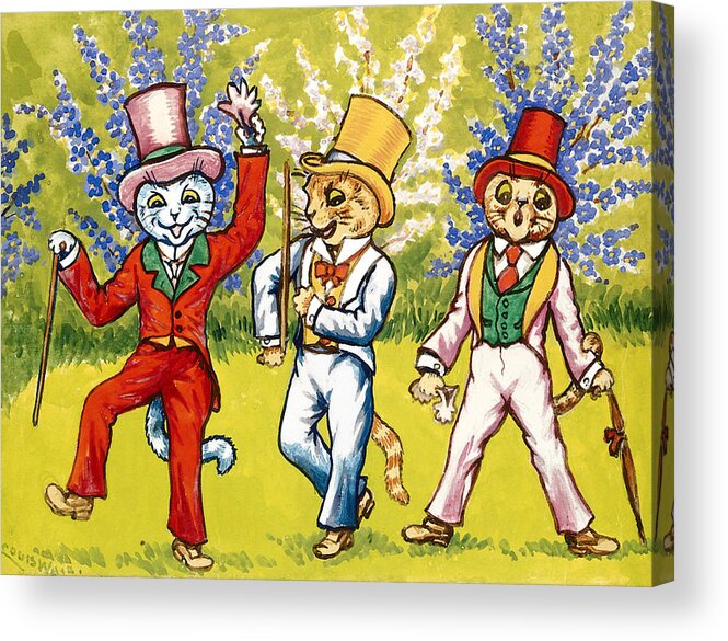 Cats Acrylic Print featuring the painting Three cats performing a song and dance act by Louis Wain