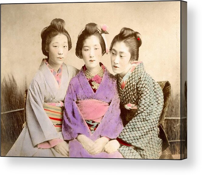 Girl Acrylic Print featuring the painting Three Geisha Handcolored japanese albumen print from a tourists album of the early 20th century by Celestial Images