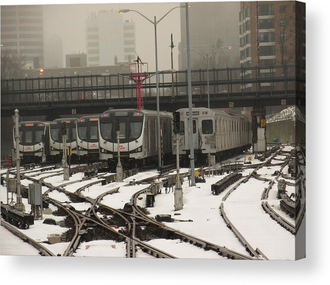 Trains Acrylic Print featuring the photograph Trains On Snow Covered Tracks by Alfred Ng