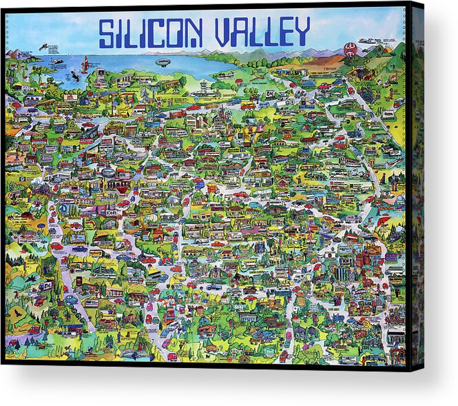 Silicon Valley Acrylic Print featuring the mixed media Vintage 1982 Silicon Valley USA Poster Print, Shows Many Historic Companies and Places by Kathy Anselmo