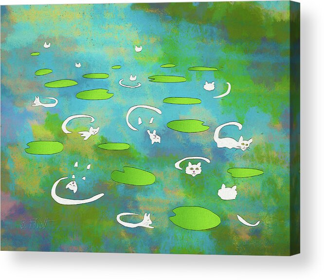 Cat Acrylic Print featuring the digital art White Water Lily Cats on Pond by Bonnie Follett