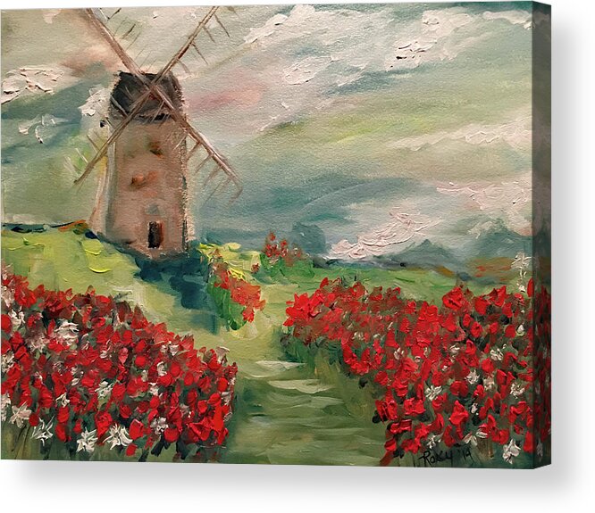 Windmill Acrylic Print featuring the painting Windmill in a Poppy Field by Roxy Rich