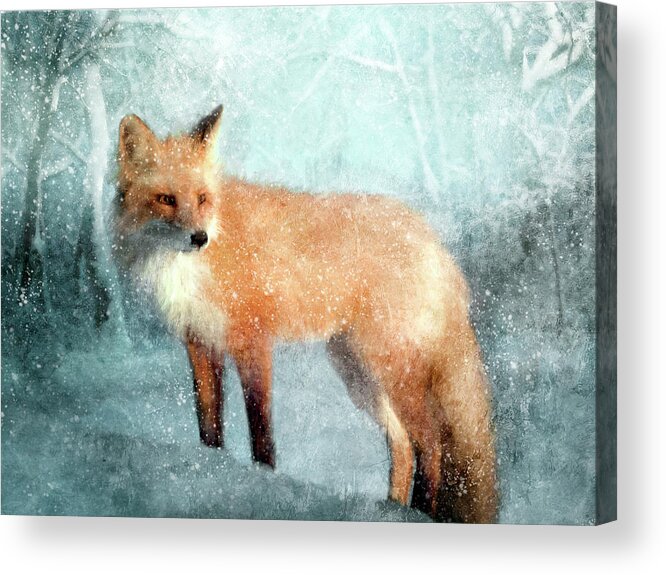 Winter Fox In Falling Snow Acrylic Print featuring the painting Winter Fox In Falling Snow by Katrina Jones