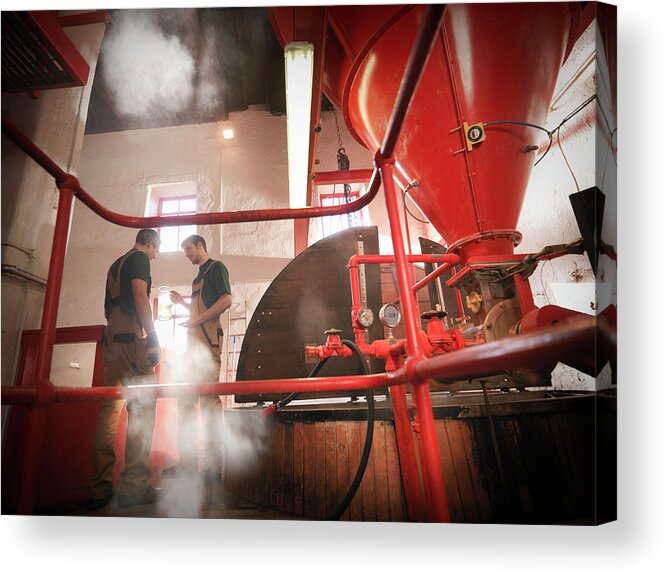 Expertise Acrylic Print featuring the photograph Workers In Brewery With Sample by Monty Rakusen