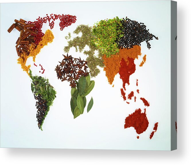 Large Group Of Objects Acrylic Print featuring the photograph World Map With Spices And Herbs by Yamada Taro