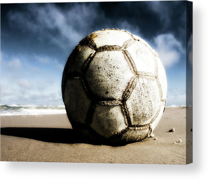 Shadow Acrylic Print featuring the photograph Worn And Old Soccer Ball On Sand by Vithib